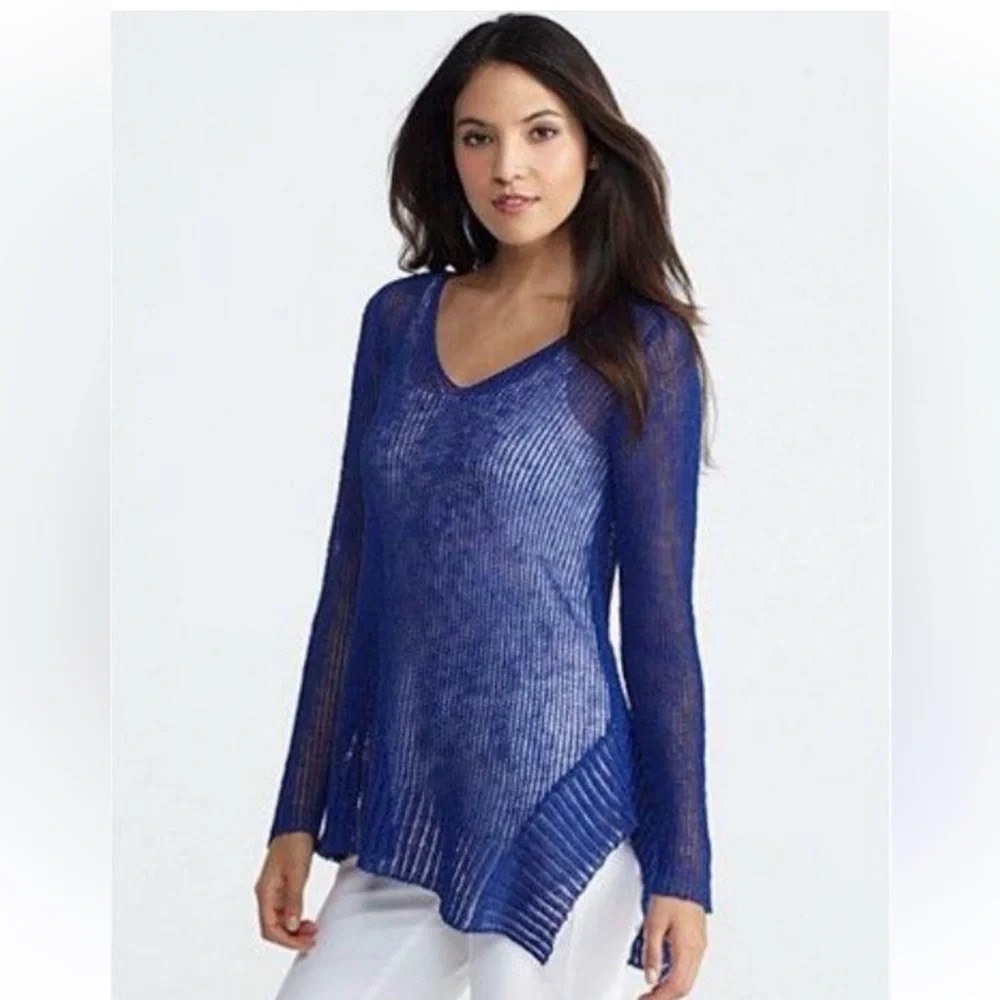 Eileen Fisher Blue Linen Blend Open Knit V-Neck Asymmetric Hem Sweater Petite P